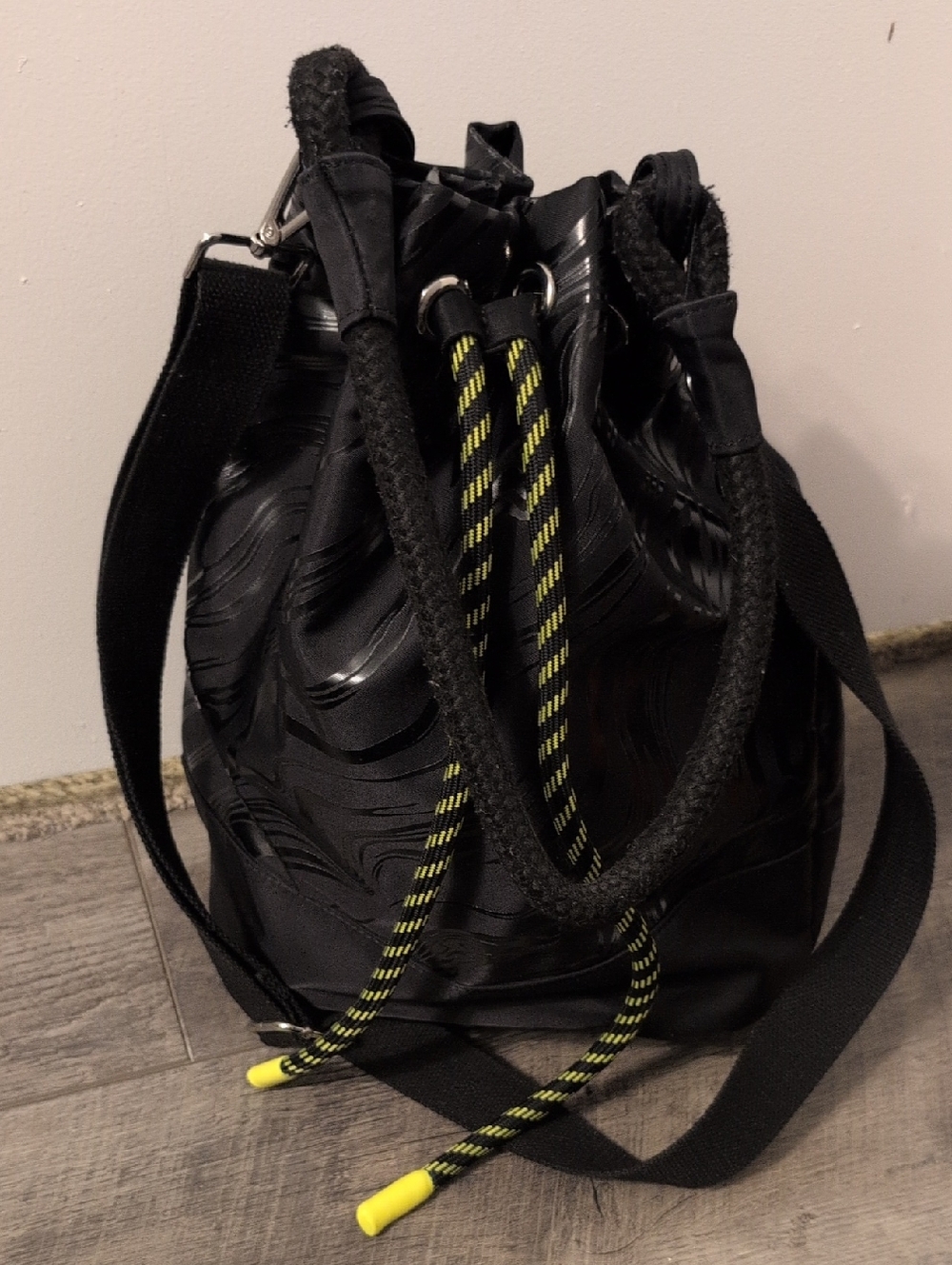 Black Fabletics Drawstring Bucket Bag with Neon Yellow Accents